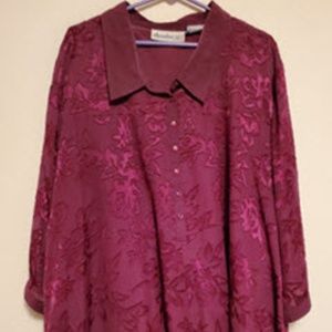 Burgundy burnout top w/rose design/attached lining